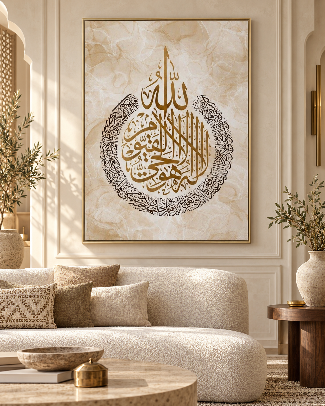 Tableau Ayat al-Kursi crème accroché dans un intérieur