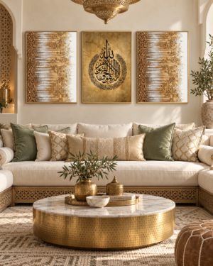 Tableau Ayat al-Kursi doré accroché dans un intérieur