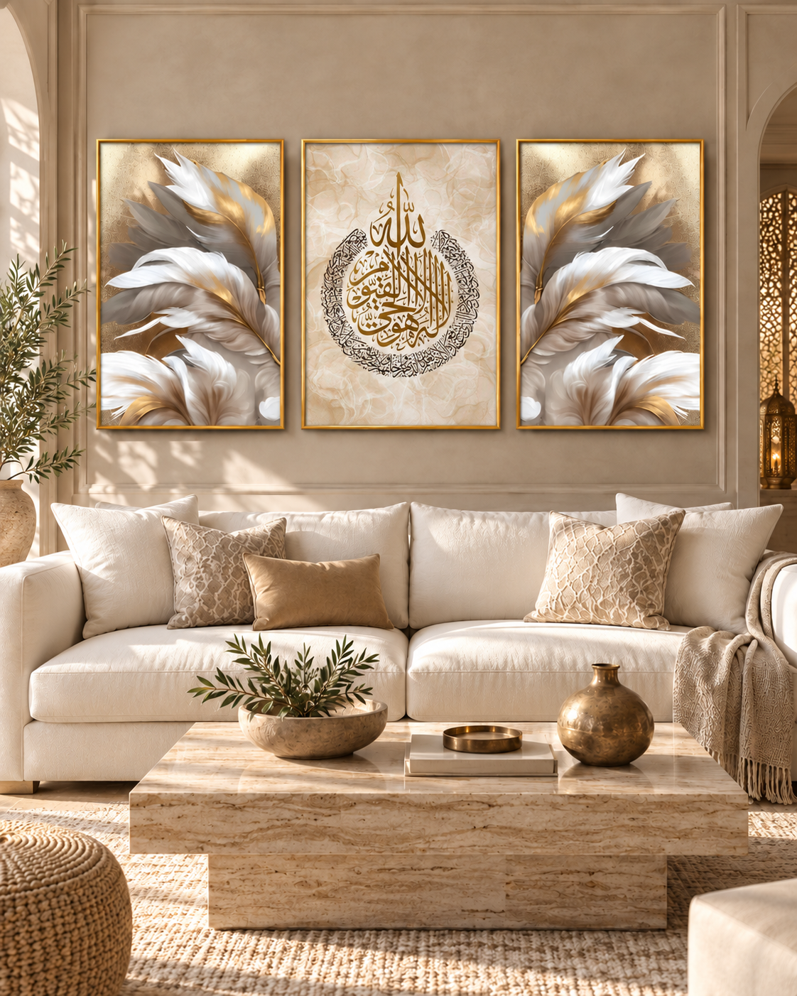 Tableau Ayat al-Kursi et plumes accroché dans un intérieur