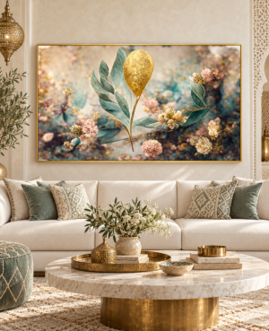 Tableau Feuille d'or fleurie accroché dans un intérieur