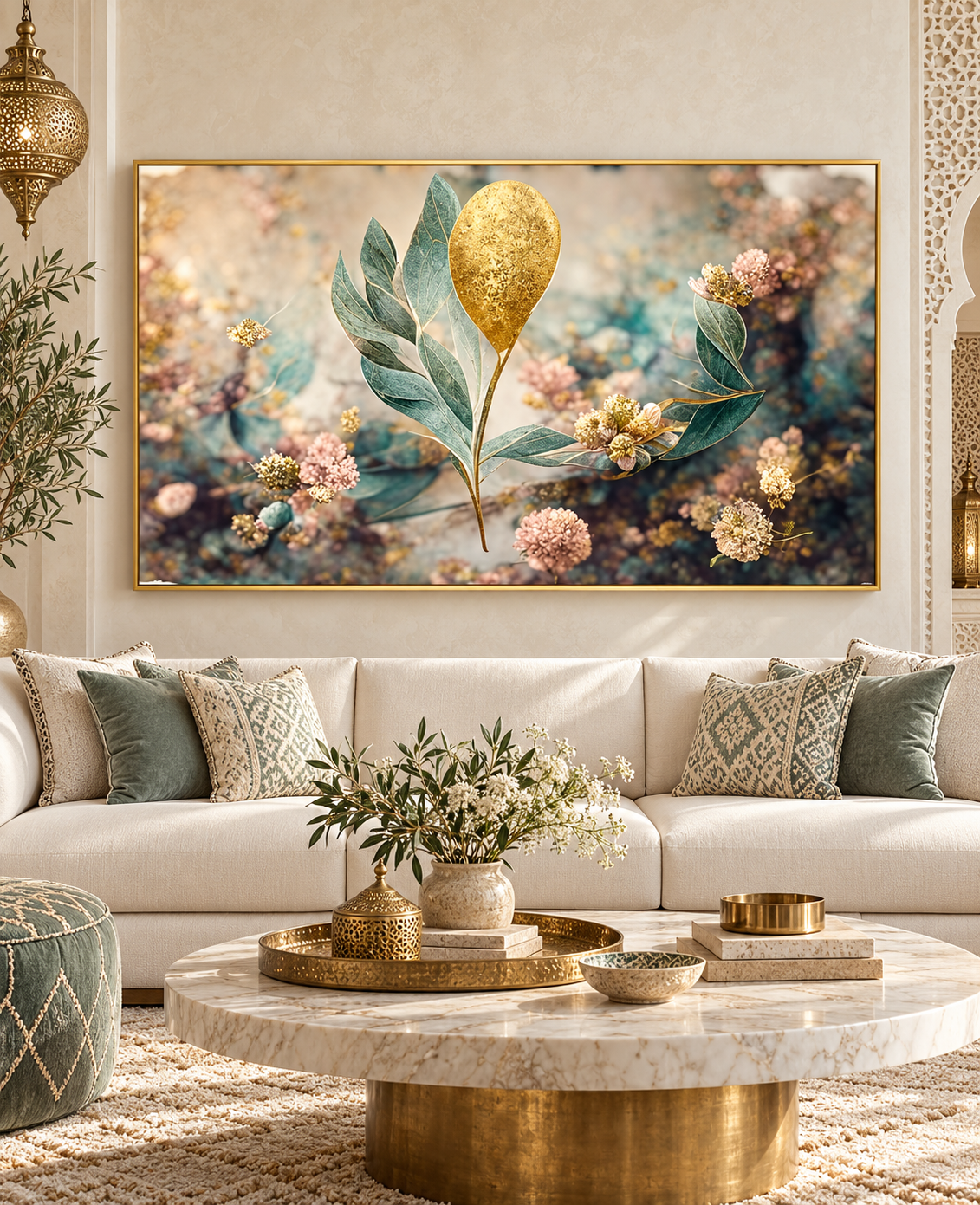 Tableau Feuille d'or fleurie accroché dans un intérieur