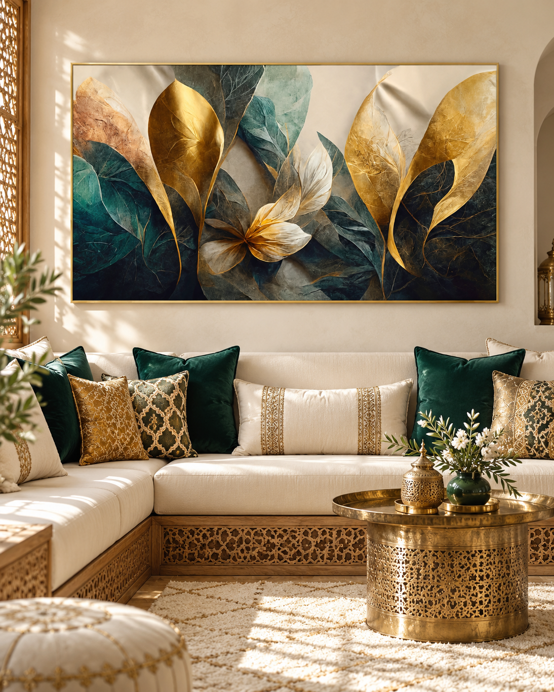 Tableau Feuilles d'or émeraude accroché dans un intérieur