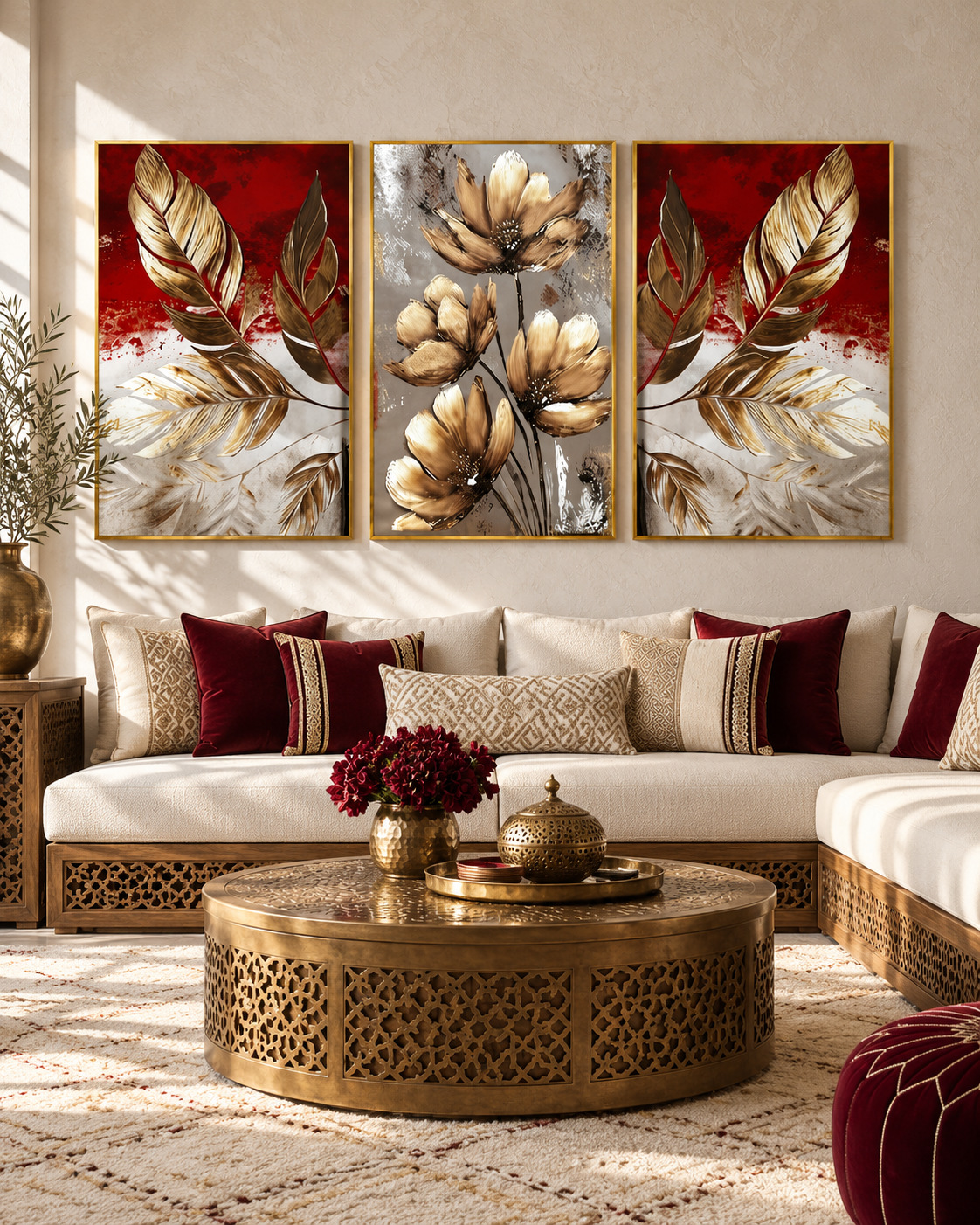 Tableau Feuilles d'or rubis accroché dans un intérieur