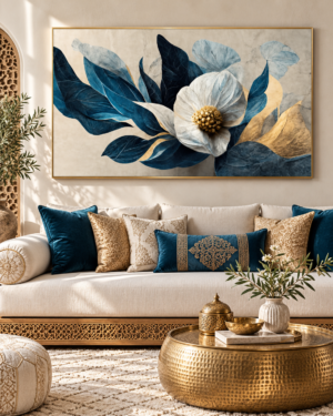 Tableau Fleur bleue accroché dans un intérieur
