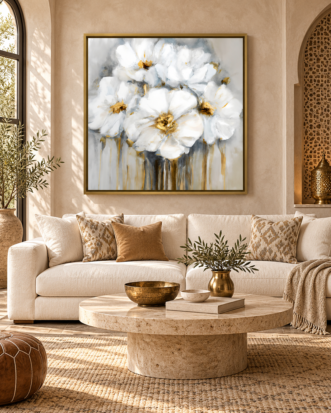 Tableau Fleurs blanches accroché dans un intérieur