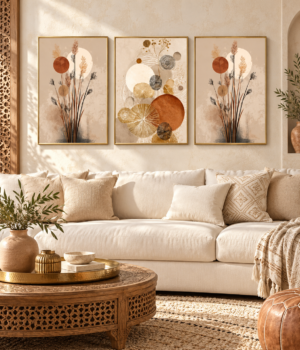 Tableau Fleurs et cercles accroché dans un intérieur