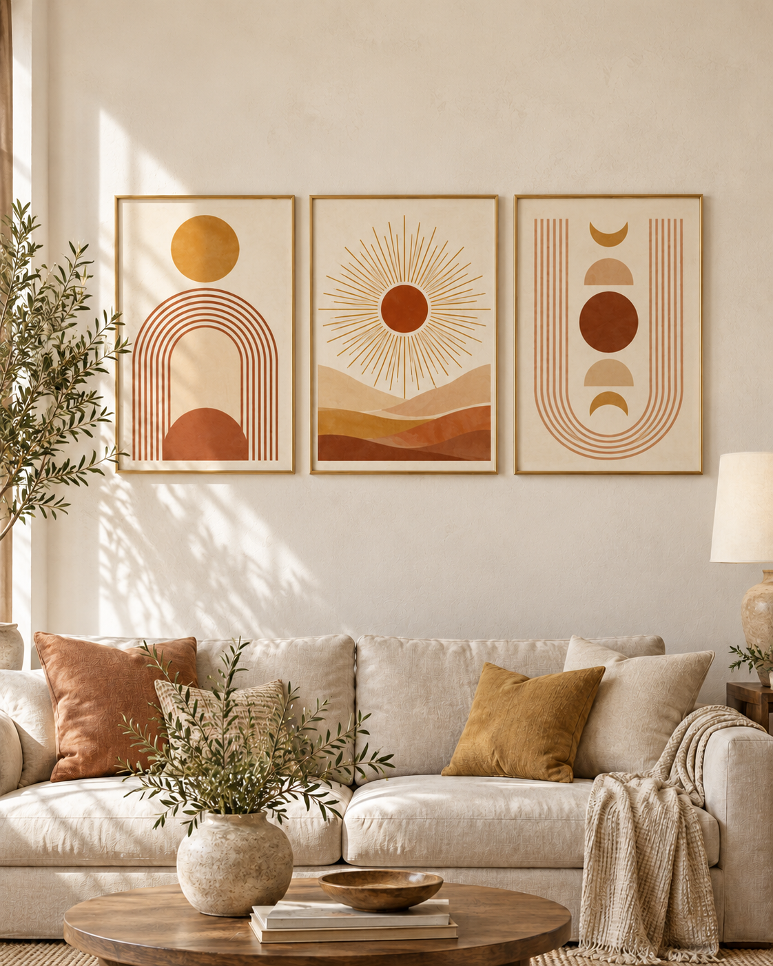 Tableau Galerie bohème — mur de 3 cadres accroché dans un intérieur