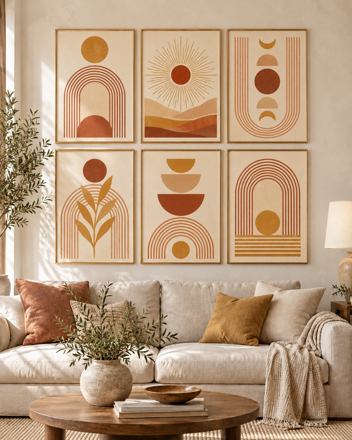 Tableau Galerie bohème — mur de 6 cadres accroché dans un intérieur