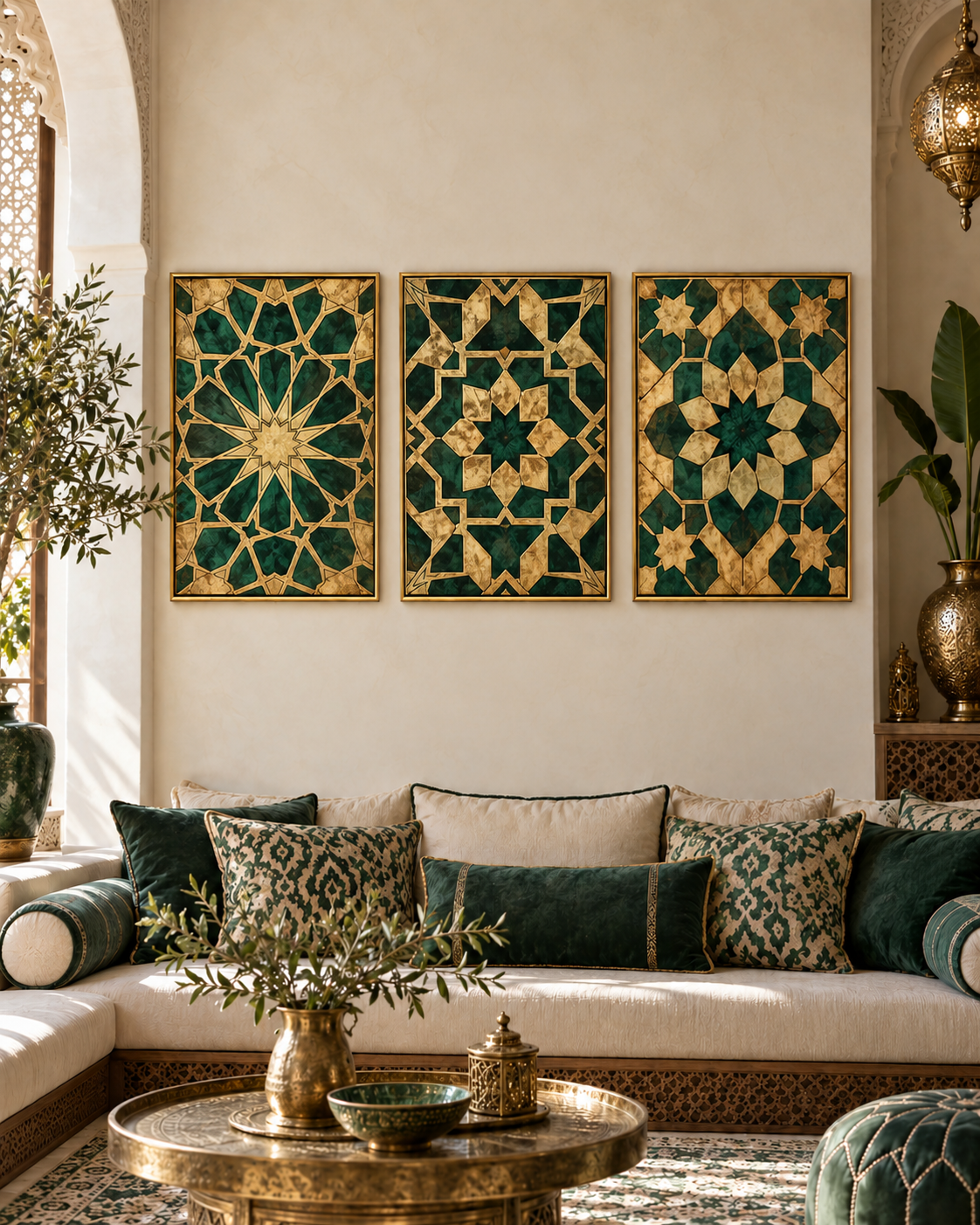 Tableau Géométrie sacrée — mur de 3 cadres accroché dans un intérieur