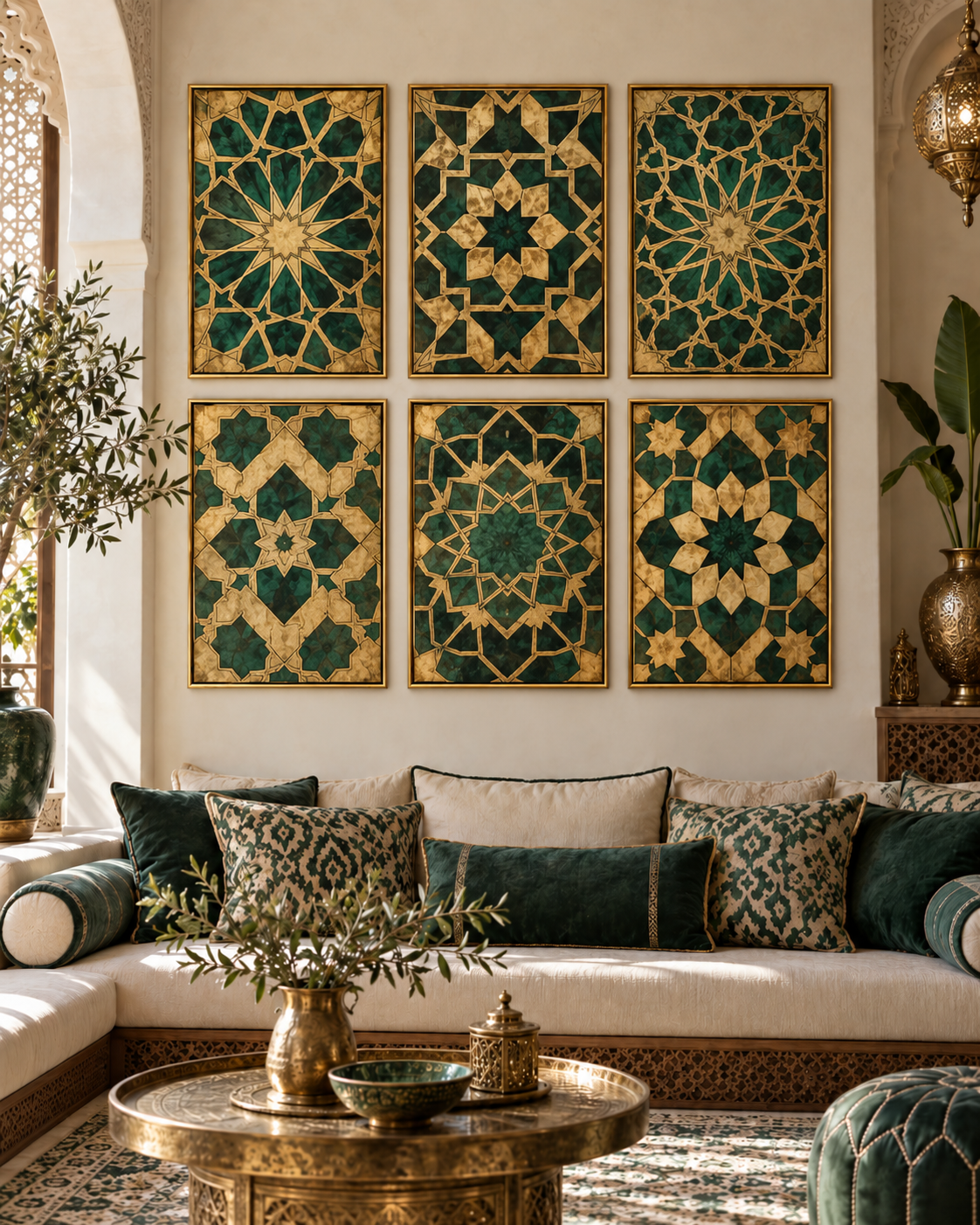 Tableau Géométrie sacrée — mur de 6 cadres accroché dans un intérieur