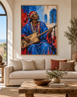 Tableau Gnaoua accroché dans un intérieur