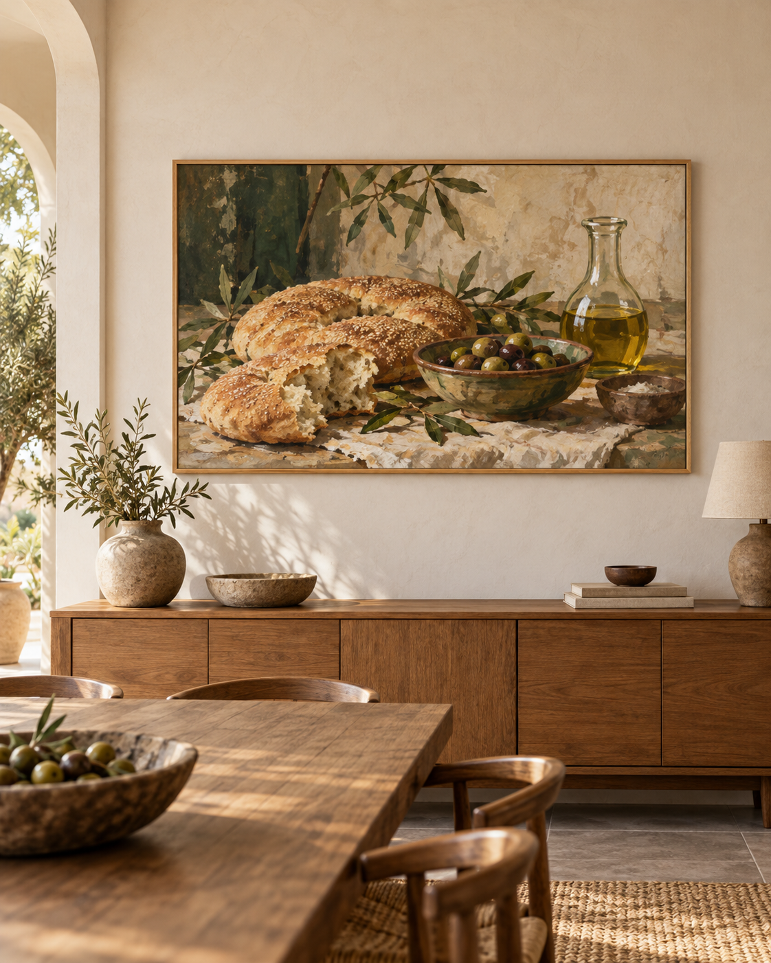 Tableau Khobz et olives accroché dans un intérieur
