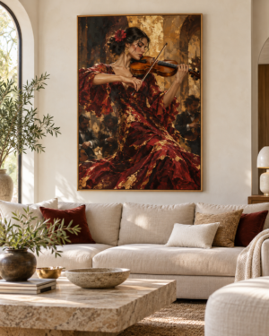 Tableau La musicienne accroché dans un intérieur