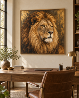 Tableau Lion de l'Atlas accroché dans un intérieur