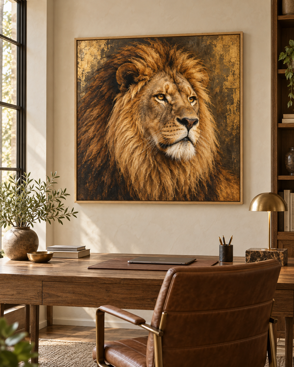 Tableau Lion de l'Atlas accroché dans un intérieur