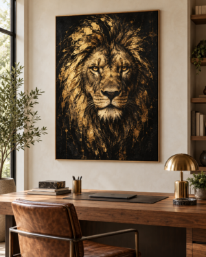 Tableau Lion d'or accroché dans un intérieur