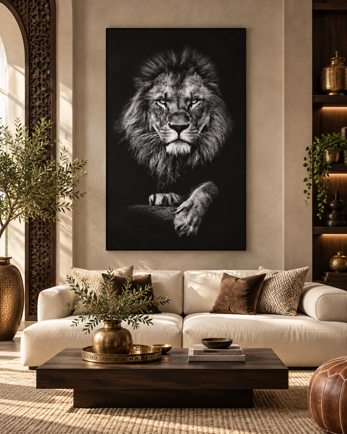 Tableau Lion noir et blanc accroché dans un intérieur