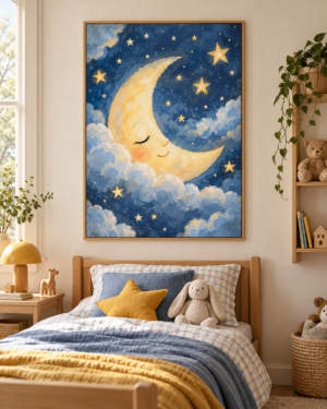 Tableau Lune endormie accroché dans un intérieur