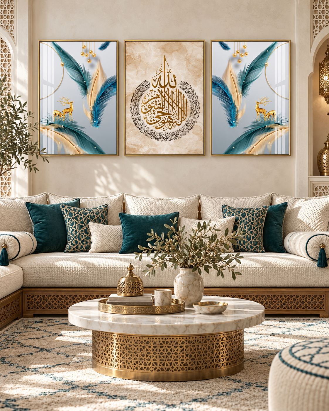 Tableau Plumes de paon accroché dans un intérieur