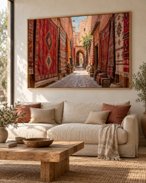 Tableau Ruelle aux tapis accroché dans un intérieur