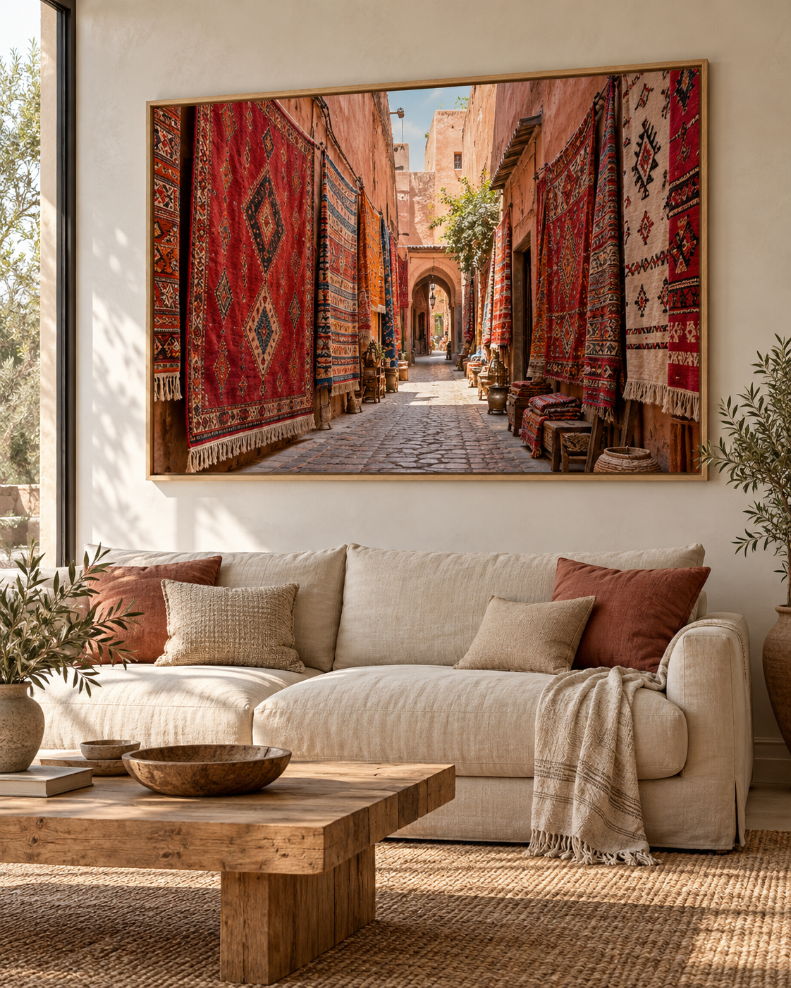 Tableau Ruelle aux tapis accroché dans un intérieur