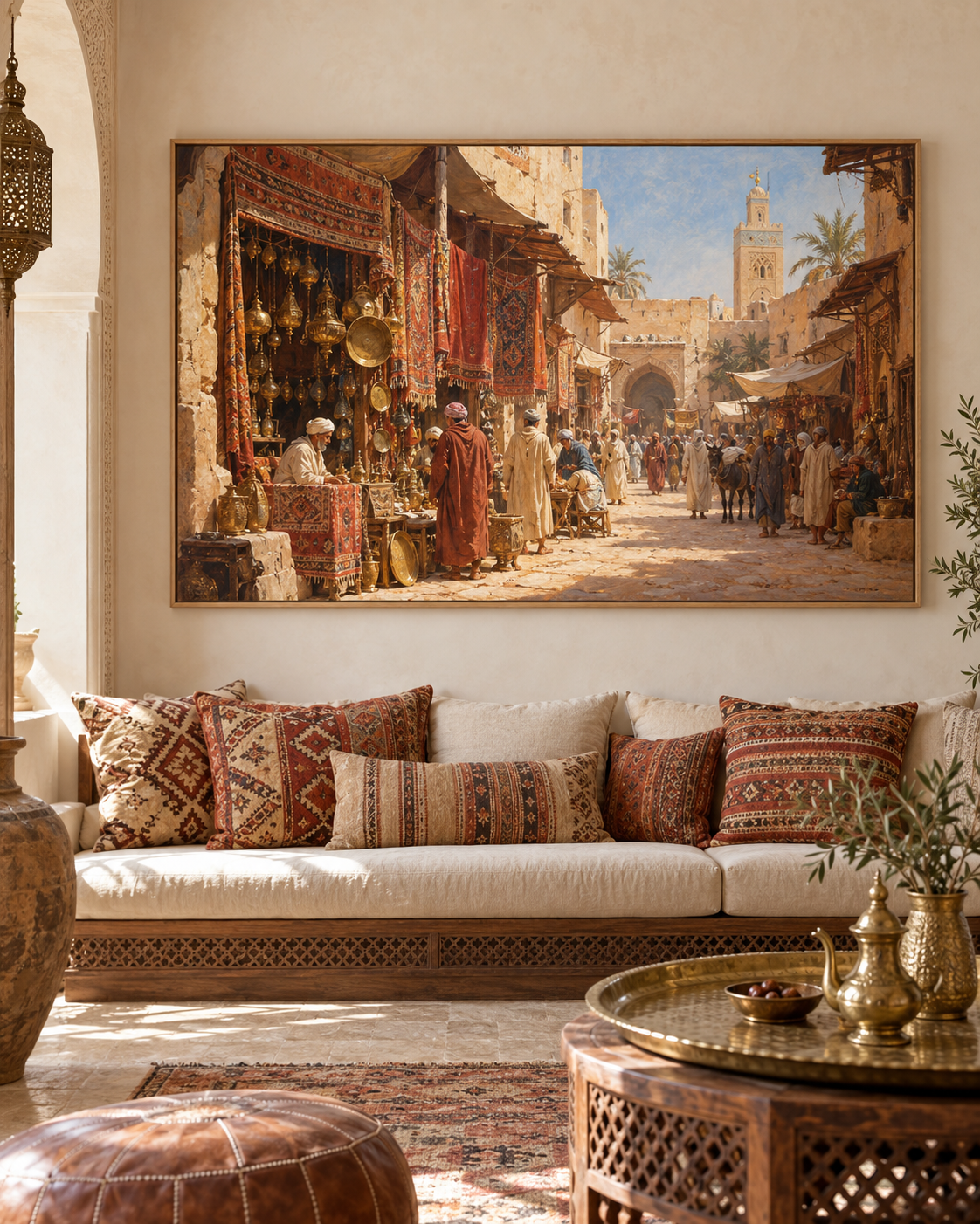 Tableau Souk orientaliste accroché dans un intérieur