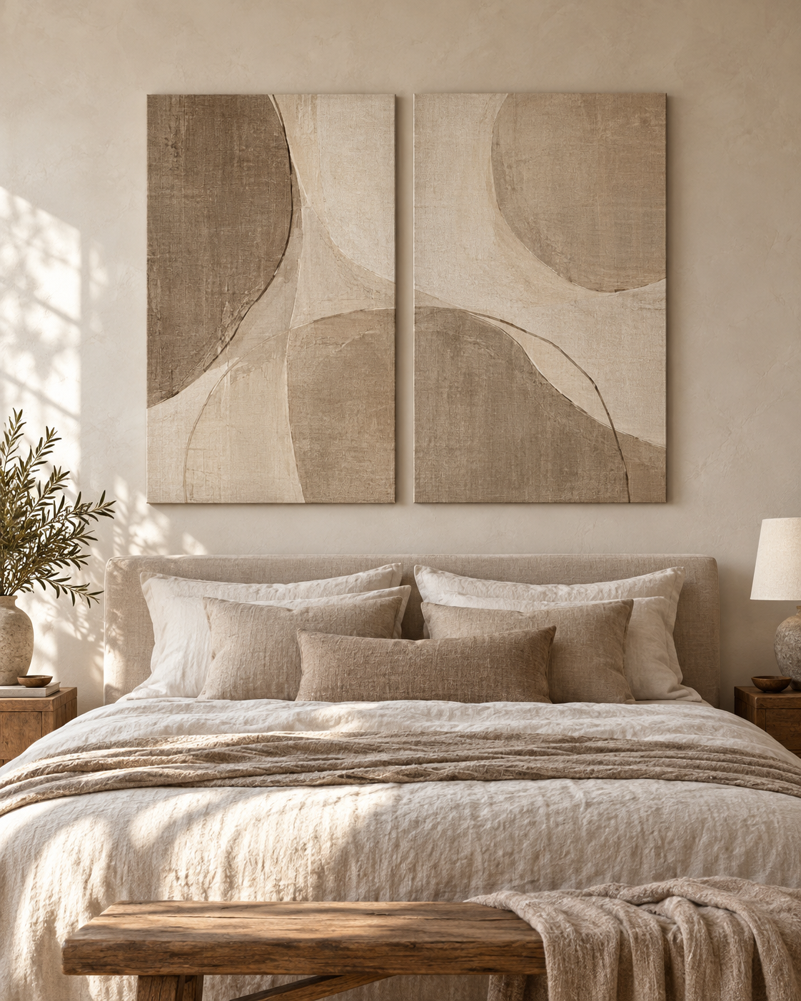 Tableau Taupe et lin accroché dans un intérieur