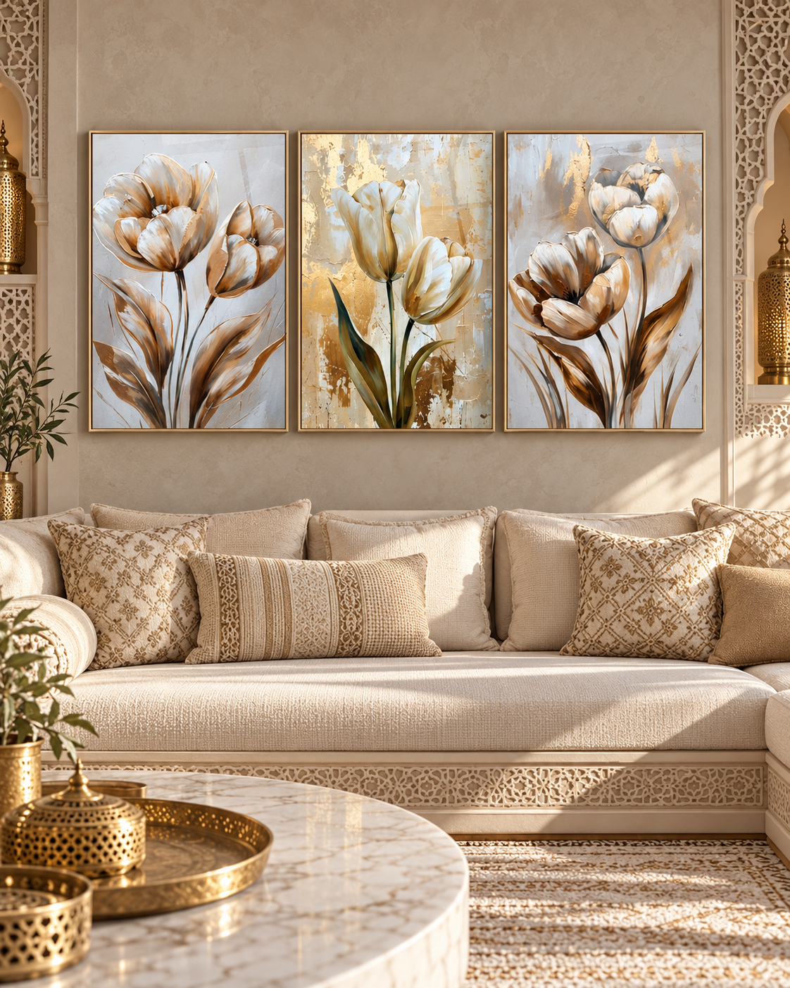 Tableau Tulipes dorées accroché dans un intérieur