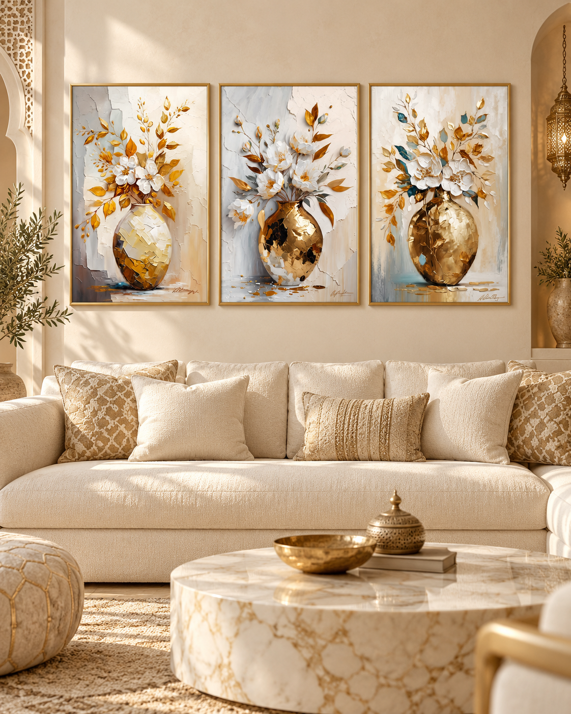 Tableau Vases dorés accroché dans un intérieur