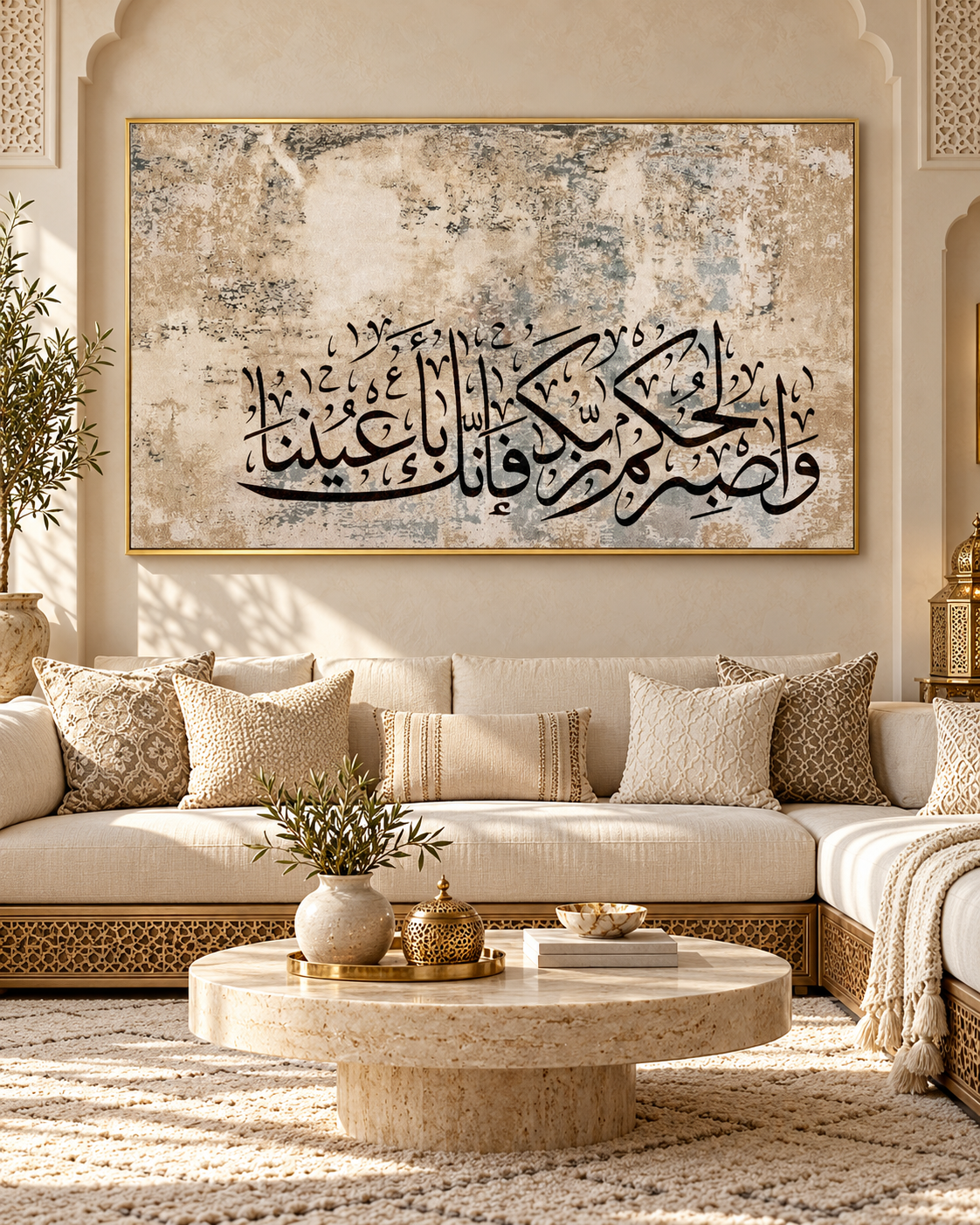 Tableau Waṣbir li-ḥukmi rabbik accroché dans un intérieur