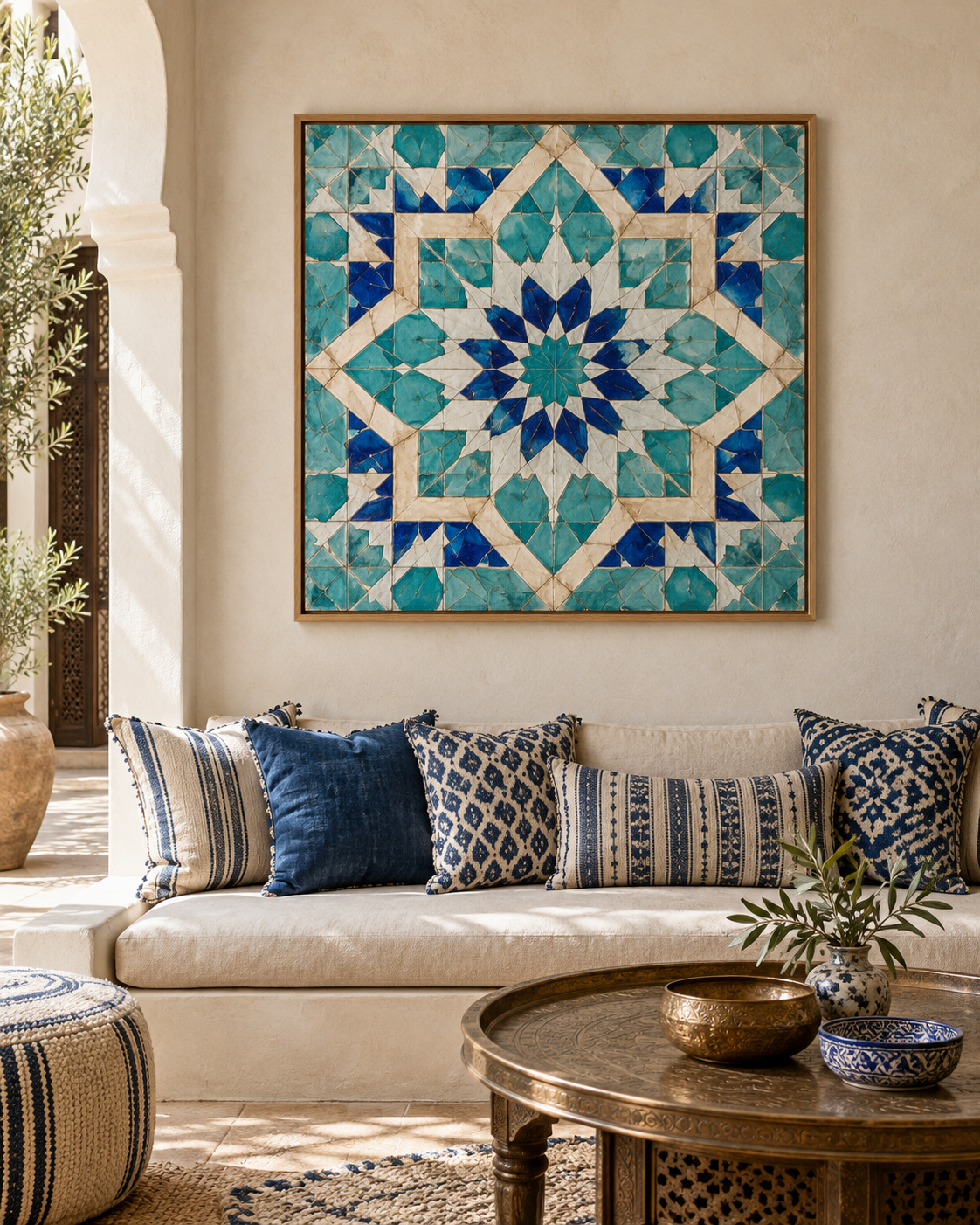Tableau Zellige céleste accroché dans un intérieur